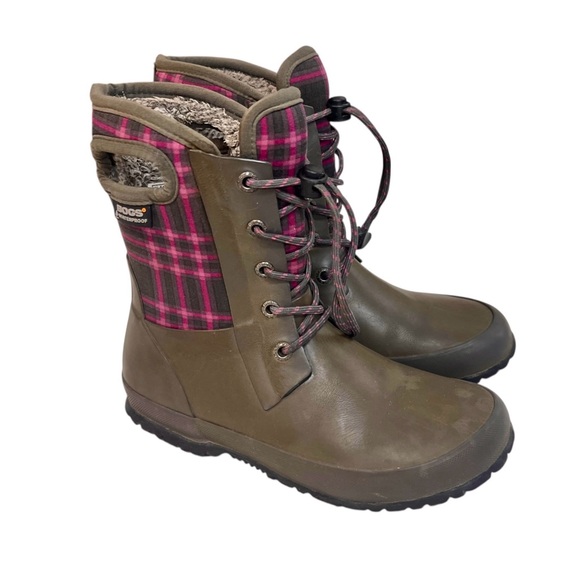 BOGS Sherpa Lined Insulated Lace Up Brown Amanda Plaid Rainboots Muck Boots Pink - Picture 1 of 10